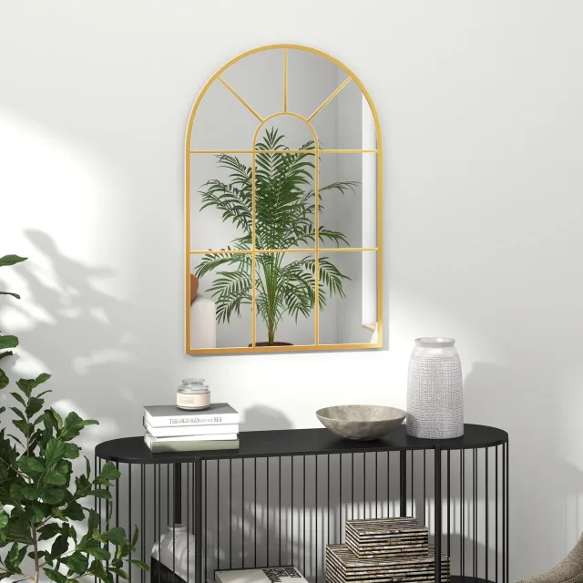 HAUSS SPOLE Wandspiegel Boogvorm – 91 x 60 cm – Metalen Lijst – Goud – Decoratieve Raamspiegel voor Woonkamer, Slaapkamer en Hal – Met Ophanghaken