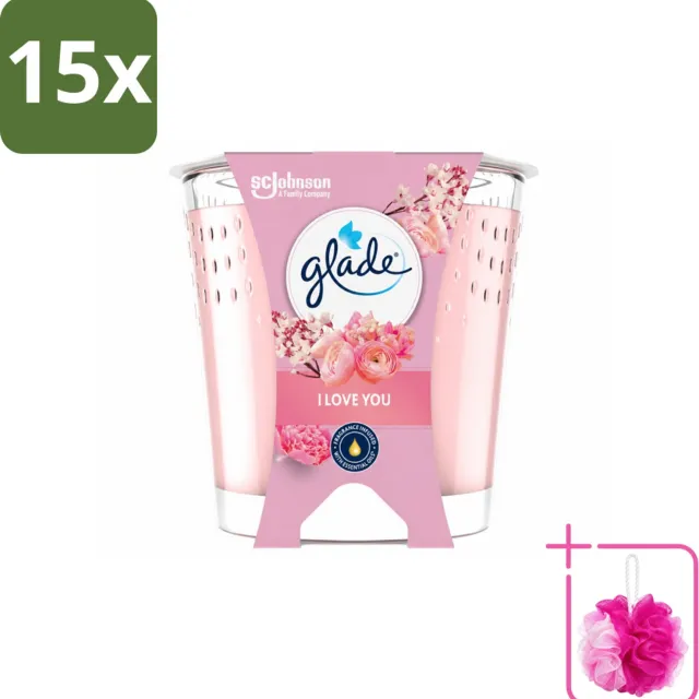 Glade 15 x Glade - Geurkaars I Love You - 100% Raapzaadwas & Vegan - 112 g - Bulkverpakking - Geurkaars - Douchemop - Vegan roze