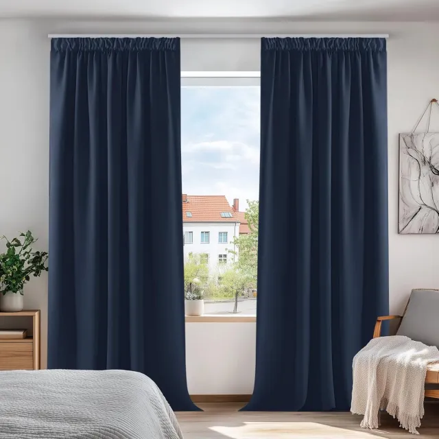 Famanu Verduisterende Gordijnen Plooiband, Gordijn Warmte-isolerend, Kant en Klaar, in Polyester voor Slaapkamer, 140x175 cm (B x H), set van 2 Marineblauw