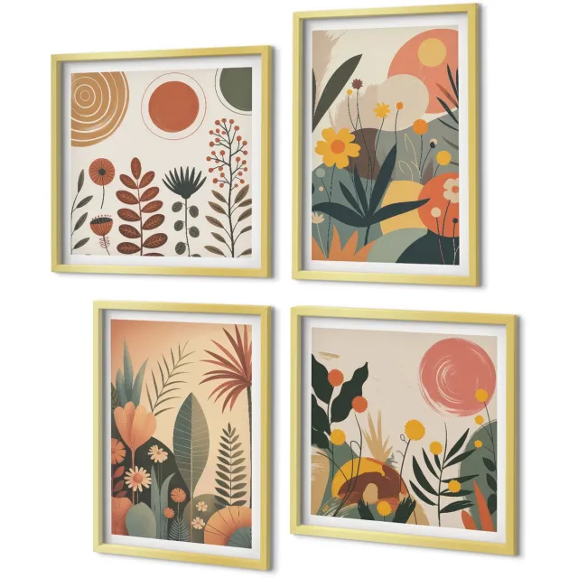 Coloray 4-Delige Schilderij Set - Boho-plantenpatronen in warme tinten met natuur. - 40 x 40 cm en 40 x 60 cm - Wanddecoratie - Schilderijen Set - Interieur - Interieur Decoratie Gouden lijst