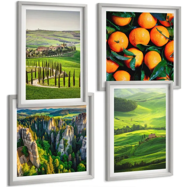 Coloray 4-Delige Schilderij Set - Italiaans Plattelandslandschap Met Sinaasappelbomen En Natuur - 40 x 40 cm En 40 x 60 cm - Wanddecoratie - Woonkamer Decoratie - Muurdecoratie Zilveren lijst