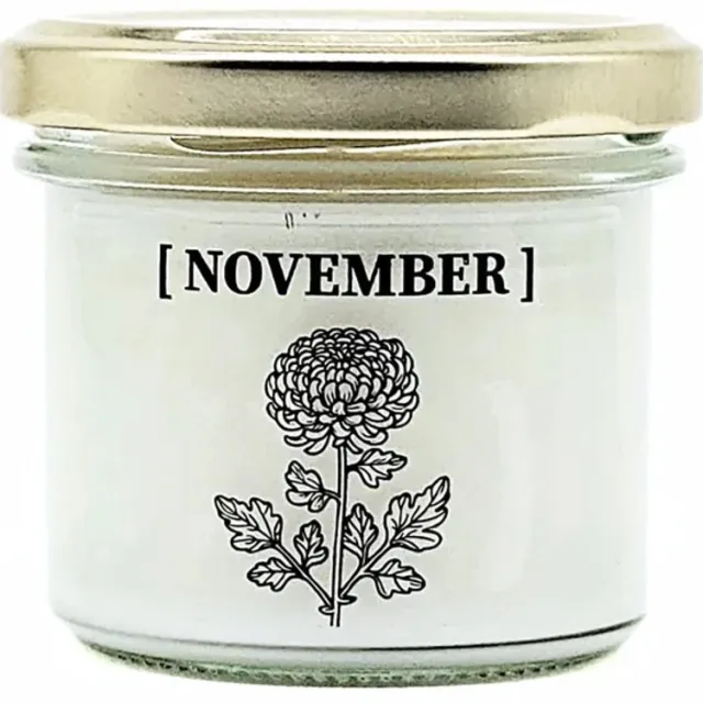 Candlelight-on geurkaars met geboortebloem en geboortedatum - 21 november - o.b.v. sojawas en etherische oliën Wit