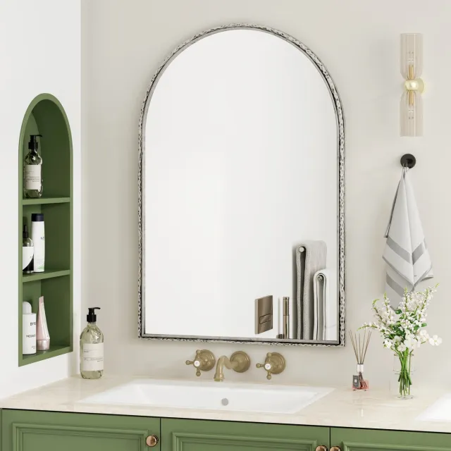 MIVRAY Wandspiegel – Boogvormig Design Met Lijst – 61 x 91 cm – Glas en IJzer – Zilver – Voor Badkamer, Hal of Kaptafel