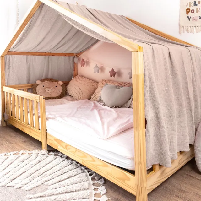 Lilimaus Huisbed hemeltje uit één stuk met gouden details - bedhemel voor huisbed - 135x420 cm - mousseline katoen - lichtbeige
