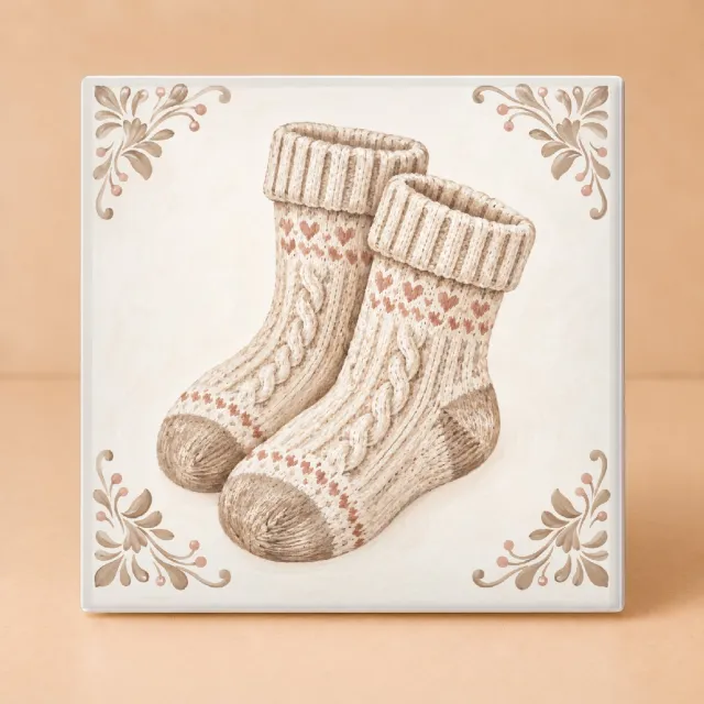 Bedruk King Gezellige Gebreide Sokken Tegel – Nostalgische Keramieken Decoratietegel voor Sokkenliefhebbers en Breifans - 11 x 11 cm Wit