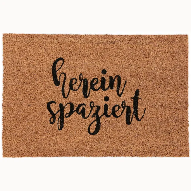 Famanu Deurmat van kokos met Duits opschrift "hereinspaziert", 60 x 40 cm, antislip voor binnen en buiten Zwart