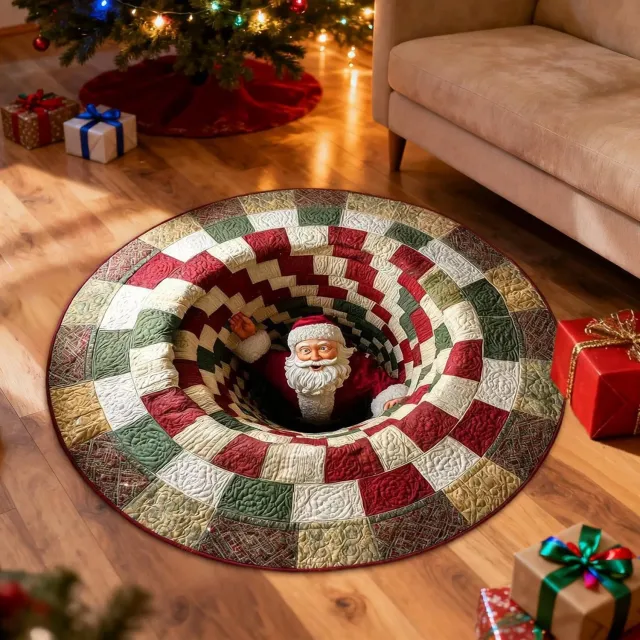 PZCC Kersttapijt - Rond 3D-kerstkleed - Kerstdecoratie - Rond Kerstkleed - Kerstman Optische Illusie - Ultrazachte antislipmat van kristalfluweel voor woonkamer - Wasbaar Vloerkleed voor Woonkamer - 80 x 80 cm - Rood Groen