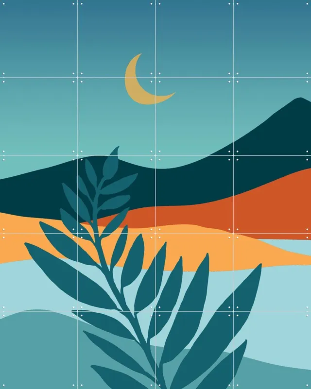 IXXI Mediterranean Twilight, Kristian Gallagher & Various - 80 x 100 cm - Grote wanddecoratie en posters - Kleurrijk, Digitale Kunst, Fantasierijk Groen / Oranje / Blauw