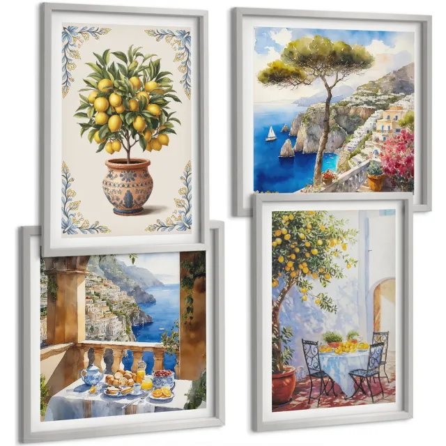 Coloray 4-Delige Schilderij Set - Zeezicht Met Citroenboom En Tuintafel - 40 x 40 cm En 40 x 60 cm - Muurdecoratie - Interieur Decoratie - Decoratieve Schilderijen Zilveren lijst