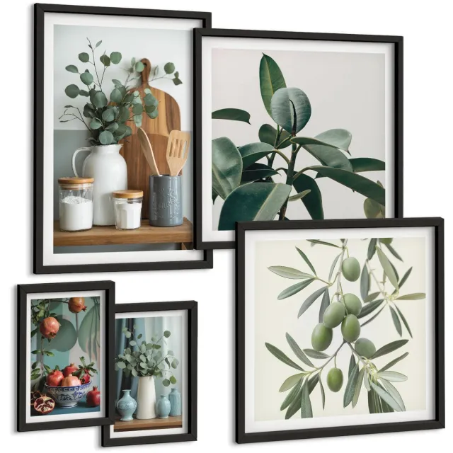 Coloray 5-Delige Schilderij Set - Natuurlijke Accenten In Scandinavische Stijl Met Planten - 50 x 50 cm, 20 x 30 cm En 40 x 60 cm - Stijlvolle Wanddecoratie - Interieur Zwarte lijst