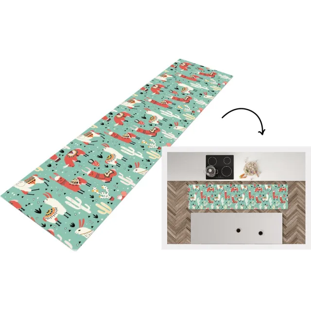 KitchenYeah Keukenloper - Loper keuken - Lama - Patronen - Cactus - 240x60 cm - Keukenloper vinyl Multicolor
