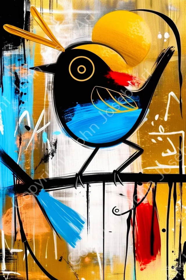 John Joseb Art (Canvas) 60x40 | Vogel op een tak, abstract, Herman Brood stijl, kunst, dier, goud, brons, bruin, rood, blauw, modern | Foto-Schilderij canvas print (wanddecoratie) Canvas, dikte 2 cm