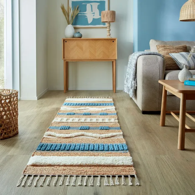 flycarpets Loper Medina Jute Weave Stripe Vloerkleed Naturel / Blauw 67x200 cm