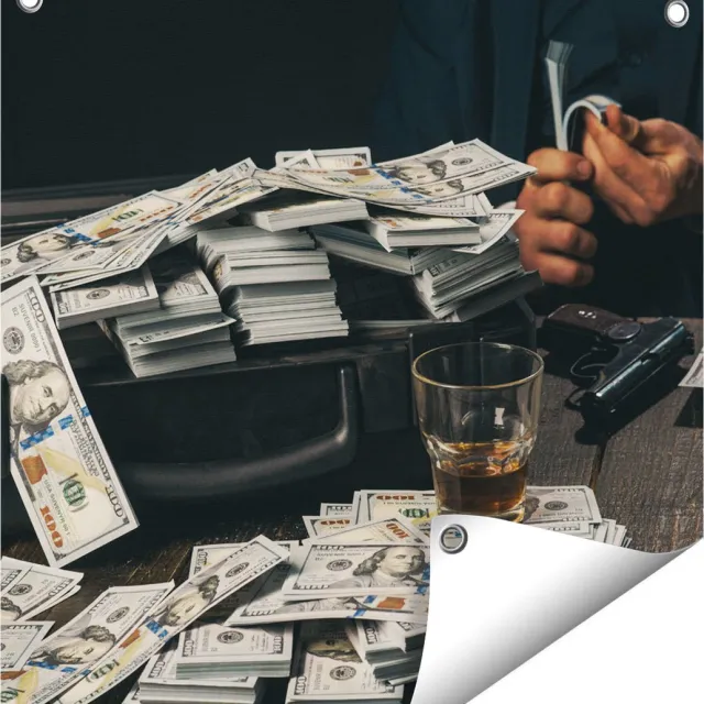 Gards Tuinposter Dollar Geld Briefjes op Tafel van de Maffia - 50x50 cm - Tuindoek - Tuindecoratie - Wanddecoratie buiten - Tuinschilderij Multikleur
