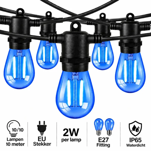 Wantohave Lichtsnoer Feestverlichting Buiten - 10 Meter - 10 LED Filament Lampen - E27 Fitting - 2W - Blauw - IP65