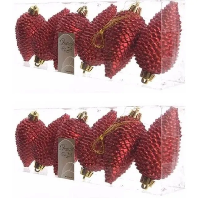 Decoris Kersthangers dennenappels - 12x st - rood - glitter - 8 cm - kunststof - kerstversiering