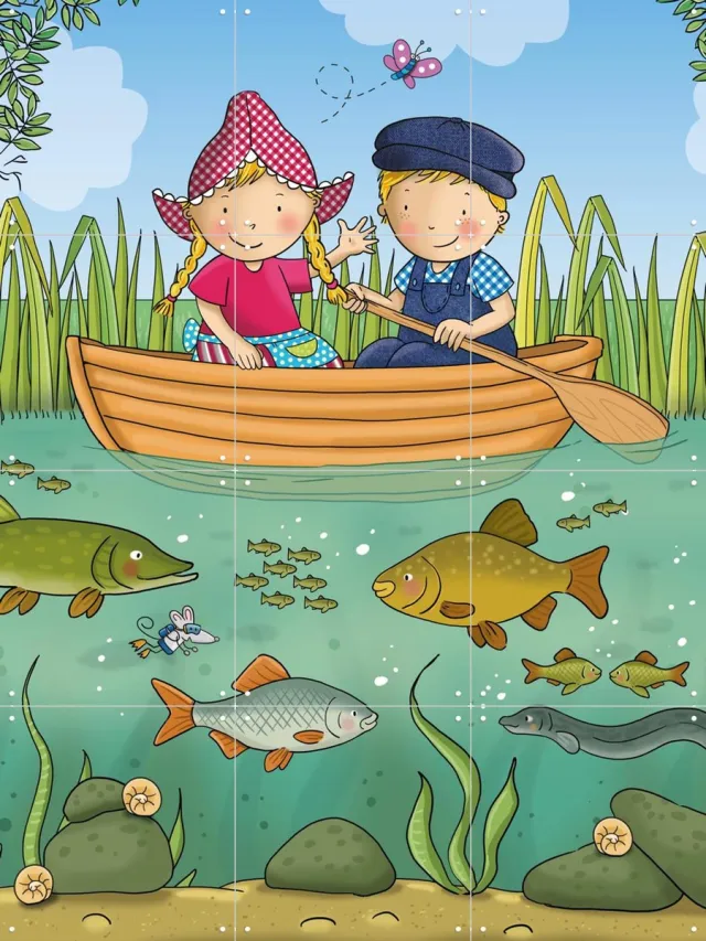 IXXI Fien & Teun varen tussen de visjes, Fien & Teun & Van Hoorne Studios - 60 x 80 cm - Grote wanddecoratie en posters - Kleurrijk, Speels Groen