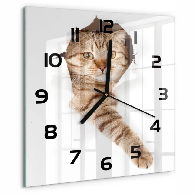 TULUP Wandklok - Kat Glazen Klok Met Print - 30x30 cm - Beige Wandklok Glas Met Motief - Zwarte handen - Vierkante Klok - Wandklok Glas Decoratie - Gekleurde Glazen Klok