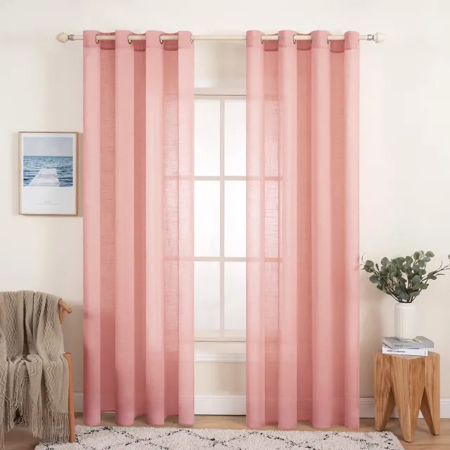 Unyqoos Stijlvolle Transparante Linnenlook Gordijnen met Oogjes voor Woon- en Slaapkamer, Set van 2, Roze, 140 x 260 cm