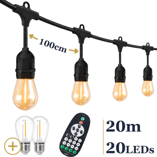 Odaily Lichtsnoer Buiten - 20 Meter - 20 LED Lampen - Warm Wit Licht - Dimbaar - Horecakwaliteit