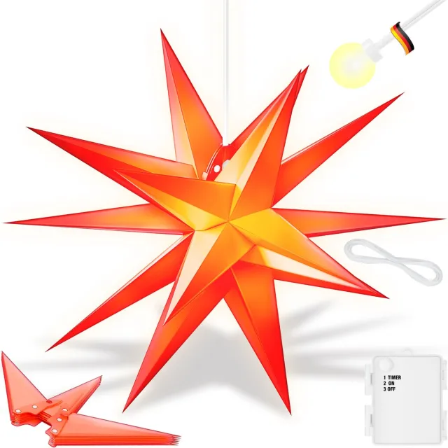Kesser Kerstster met Verlichting 3D - LED Kerst Ster Hangend met Timer voor Binnen en Buiten, Kerstverlichting Adventsster - Rood