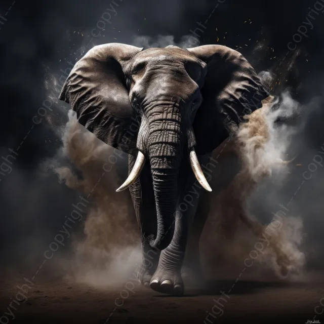 John Joseb Art (Aluminium) 80x80 | Olifant, stof, zand, rook, in geschilderde stijl, kunst, woonkamer slaapkamer | dier, Afrika, vierkant, bruin, grijs, blauw, modern | Foto-Schilderij print op Dibond (metaal wanddecoratie) Aluminium, dikte 3 mm