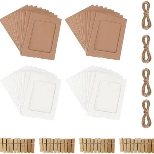 PromoHome 40 stuks fotolijsten set met wasknijpers en touw - DIY kraftpapier fotolijsten 10x15 cm voor wanddecoratie en fotoslinger - Witte en bruine fotolijsten