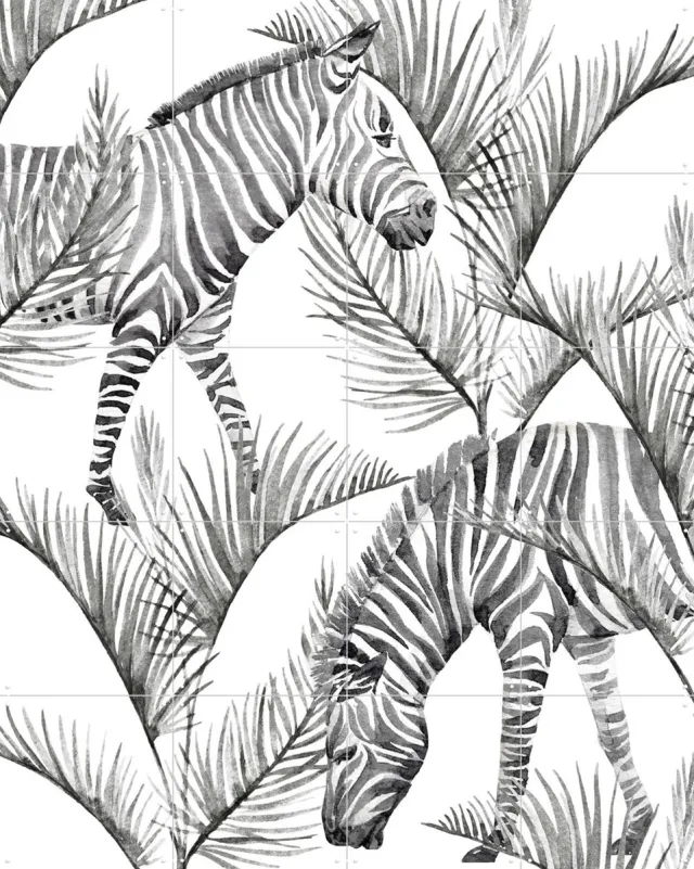 IXXI Zebra Palm, Creative Lab Amsterdam - 80 x 100 cm - Grote wanddecoratie en posters - Illustraties, Grafisch Ontwerp, Aquarel, Woonkamer, Dieren Zwart / Monochroom / Zwart en wit