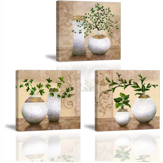 Unyqoos Drie Stuks Canvas Kunst met Plantenmotief voor Elegante Wanddecoratie groen