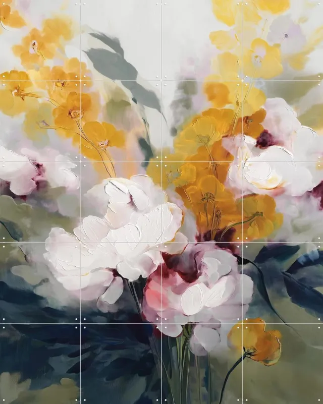 IXXI Cream Peonies And Golden Blossoms, Branka Kodžoman - 80 x 100 cm - Grote wanddecoratie en posters - Schilderijen, Kwaststreken, Gang, Slaapkamer Groen / Roze / Wit / Geel