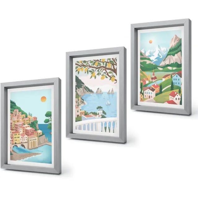 Coloray 4-Delige Schilderij Set - Uitzicht op zee met pastelkleurige huizen - 20 x 30 cm - Wanddecoratie - Moderne Interieurdecoratie - Interieur Decoratie Zilveren lijst