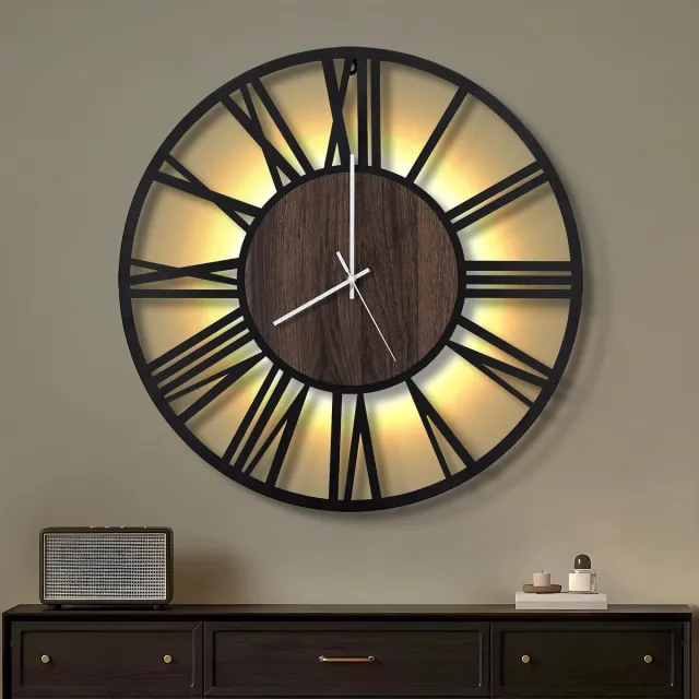 Maxstar Grote Wandklok 50CM voor Woonkamer op Batterijen, Stil Geen Tikkend Geluid, Hout Metaal Stijl, Moderne LED Slaapkamer/Kantoor (Romeinse Cijfers, Zwart-20") Goud