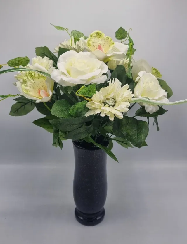 Bomm Boeket - U514-m1/4 - Roos - Gerbera - Orchidee - 45cm - Wit - 11 bloemen - Grafdecoratie - Zijdenbloemen - Kunstbloemen