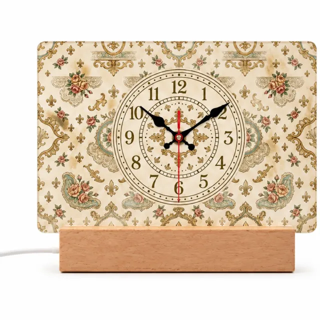 SWGOTA Verlichte retrotafelklok 20 x 13 cm met bloemmotief, analoge wijzerplaat en rechthoekig paneel op voet Crème
