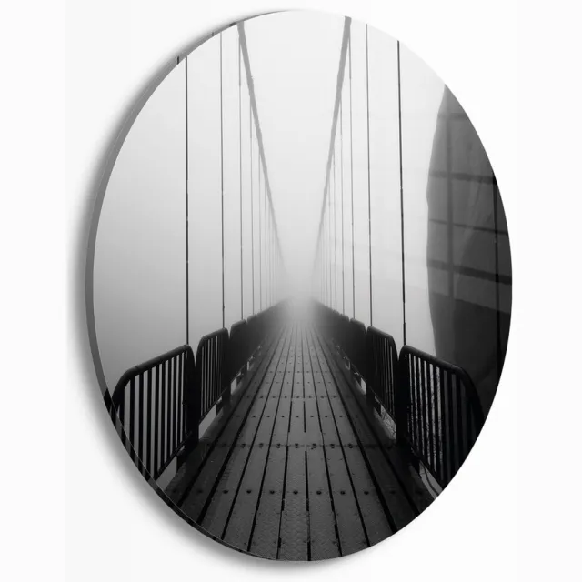 Myfinto Indoorart - Muurcirkel Hangbrug in de mist Plexiglas 40 cm - Wanddecoratie - Afbeelding op Plexiglas - Inclusief ophangplaat zwart, wit