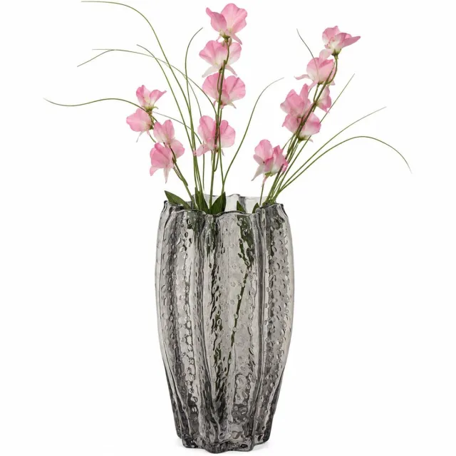 Mega Collections Bloemenvaas Callas - bewerkt sier glas - D13 x H23 cm - transparant smoke grijs - boeket en stelen - Moderne stijl