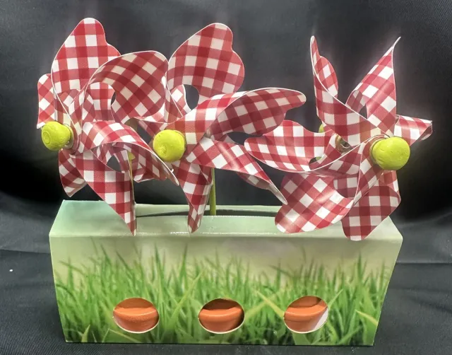 Impuls Set van 3 decoratieve windmolentjes in pot - kunststof+houten steker "rood ruit motief"- meerkleurig + oranje potjes- dia 9 cm x hoogte 16 cm - Tuinaccessoires - tuinstekers