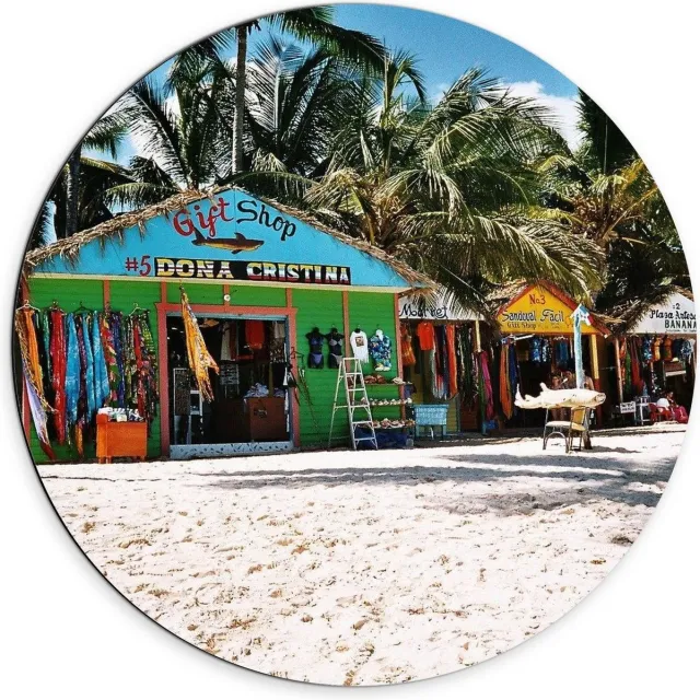 KuijsFotoprint Dibond Wandcirkel - Winkeltjes op het Strand - 70x70cm Foto op Aluminium Wandcirkel (met ophangsysteem) Blauw