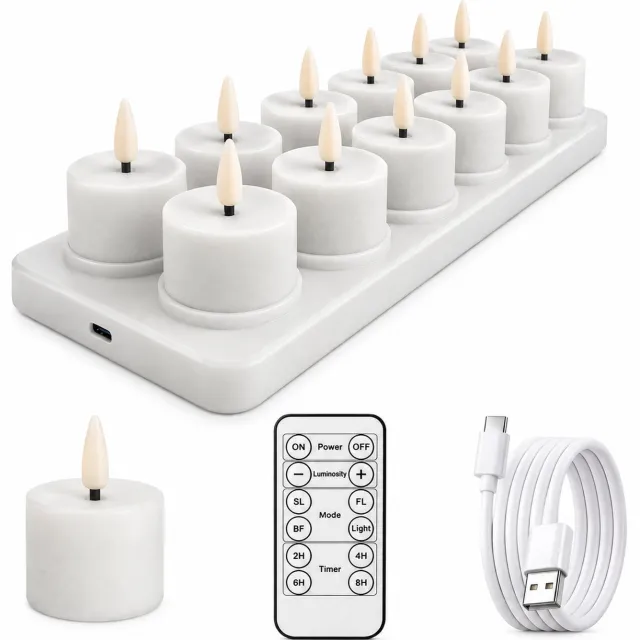 SWGOTA led kaarsen set van 12 - Wit, warm licht, gladde uitvoering - Type-C-opladen en afstandsbediening - Inclusief laadstation met 2 x 6 plaatsen en laadkabel