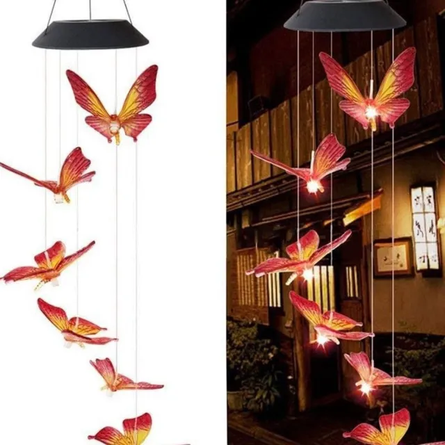 OUTARO Zonne-energie Windgong – Kleurveranderende LED Buitenverlichting – Esdoornbladrode vlinder – Decoratie voor Tuin, Terras & Binnenplaats Rood