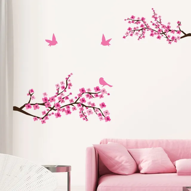 Ambiance Sticker Muurstickers - 2 Japanse kersenbloesemtakken en 3 vogels - Transparante achtergrond - 70x95cm Multi color