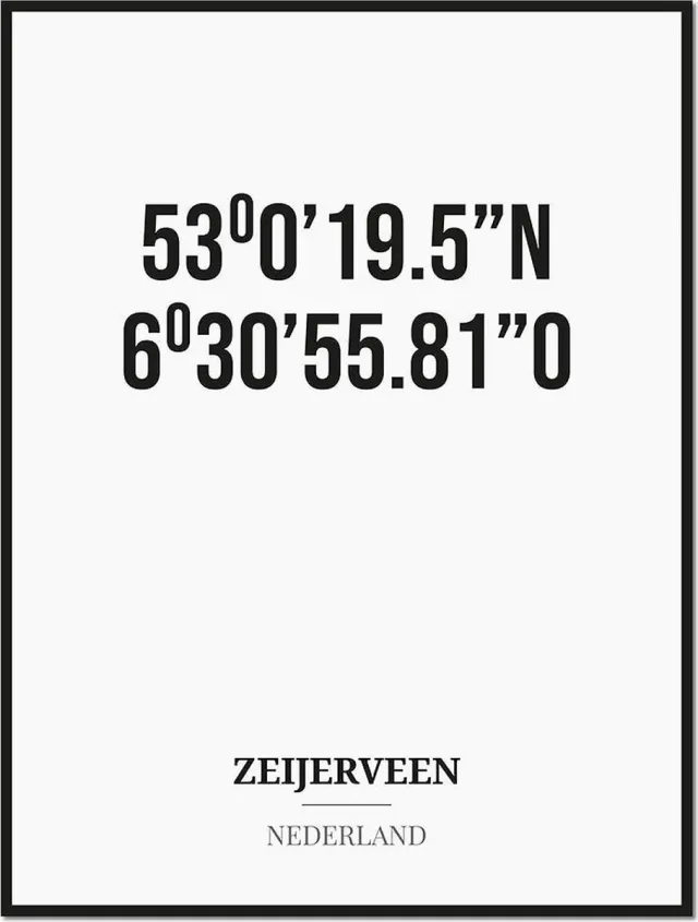 Studio216 Poster/kaart ZEIJERVEEN met coördinaten zwart, wit