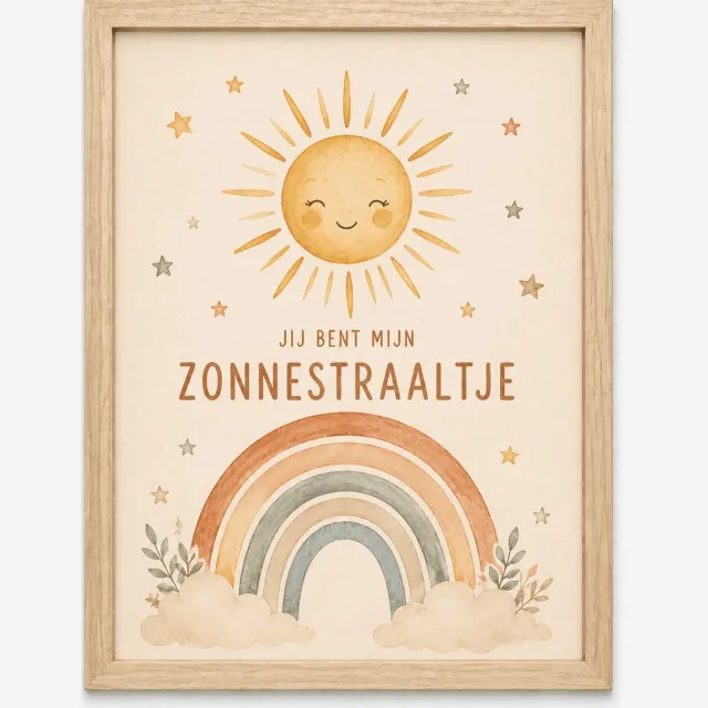 Joshimo Jij Bent Mijn Zonnestraaltje Poster | Babykamer Regenboog | Inclusief Zwarte A4 Lijst Crème