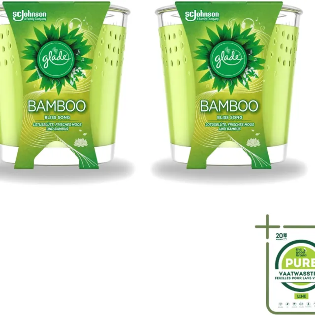 Glade 2 x Glade - Geurkaars - Bamboo Bliss Song - Frisse Geur & Relaxatie - 129 g - Grootverpakking - Vaatwasstrips - Geurkaars - Bamboe Geur - Rustgevende Geur - Geur In Huis - Ontspanning Groen
