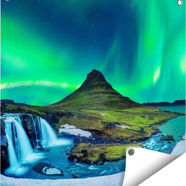 Gards Tuinposter Noorderlicht bij de Watervallen in IJsland - 60x60 cm - Tuindoek - Tuindecoratie - Wanddecoratie buiten - Tuinschilderij Multikleur