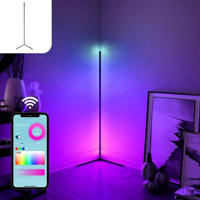 Gologi Slimme Vloerlamp LED - Hoeklamp - Industrieel - Staand - Woonkamer - Dimbaar - Spraakbediening - RGBW - Met App - Zwart