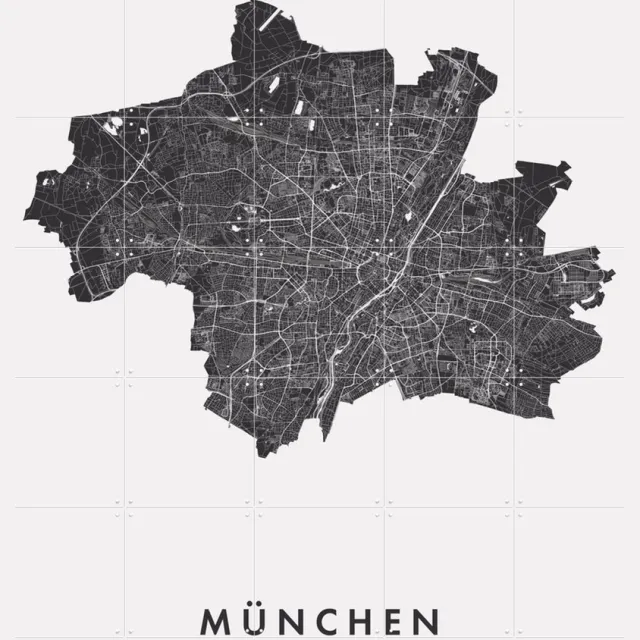 IXXI München City Map, Kunst in Kaart - 100 x 140 cm - Grote wanddecoratie en posters - Minimalisme, Geometrische Kunst, Grafisch Ontwerp, Line art Monochroom / Zwart / Zwart en wit