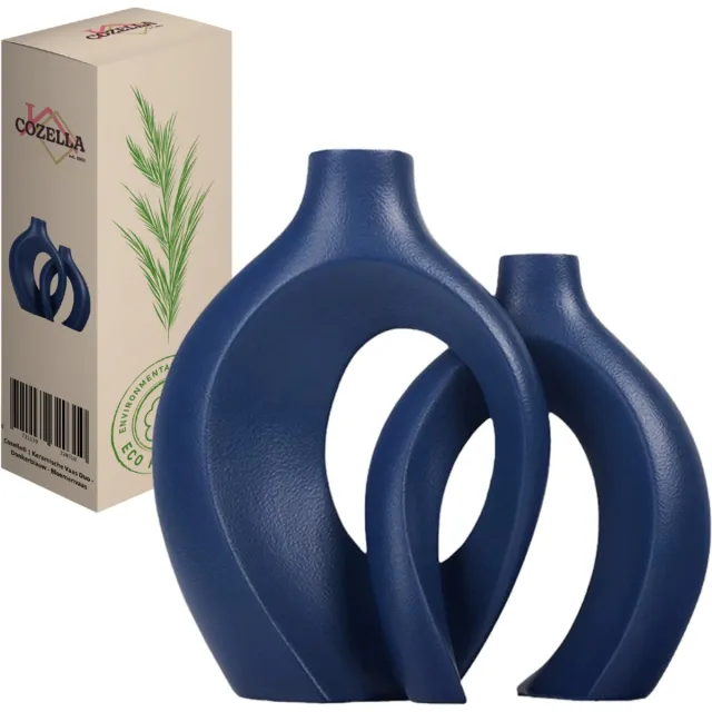 Cozella Vaas Duo – Bloemenvaas Keramische Vaas Set – Decoratieve Vaas – Donkerblauw