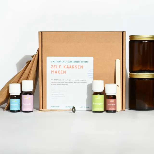 Groeikruid Zelf kaarsen maken set | 100% natuurlijke geurkaarsen maken met etherische olie | kaarsen maken voor volwassenen | koolzaadwas | 2x180 ML | eucalyptus + lavendel en lemongrass + cederhout
