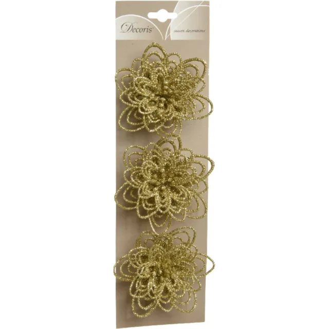 Decoris Kerstboomversiering Bloemen - 18x stuks - 11 cm - goud glitter - op clip - ornament Goudkleurig